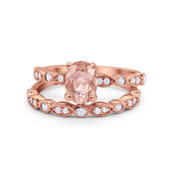 Two Piece Band Engagement Ring Oval Rose Tone, Simulated Morganite CZ 925 Sterling Silver